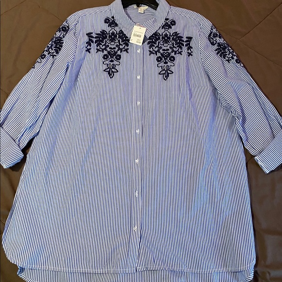 Cato Tops - Cato XL blue&white striped tunic w/embroidery NWT